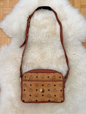 MCM Vintage Cognac Visetos Leather Camera Crossbody Handbag Purse